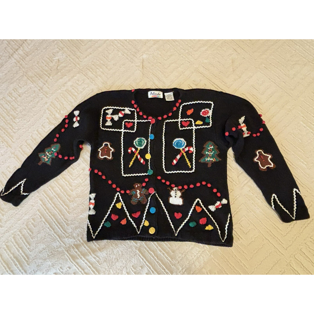 Vintage 90s Arlando Hand Knit Sweater Cardigan Christmas Candy Sz Small